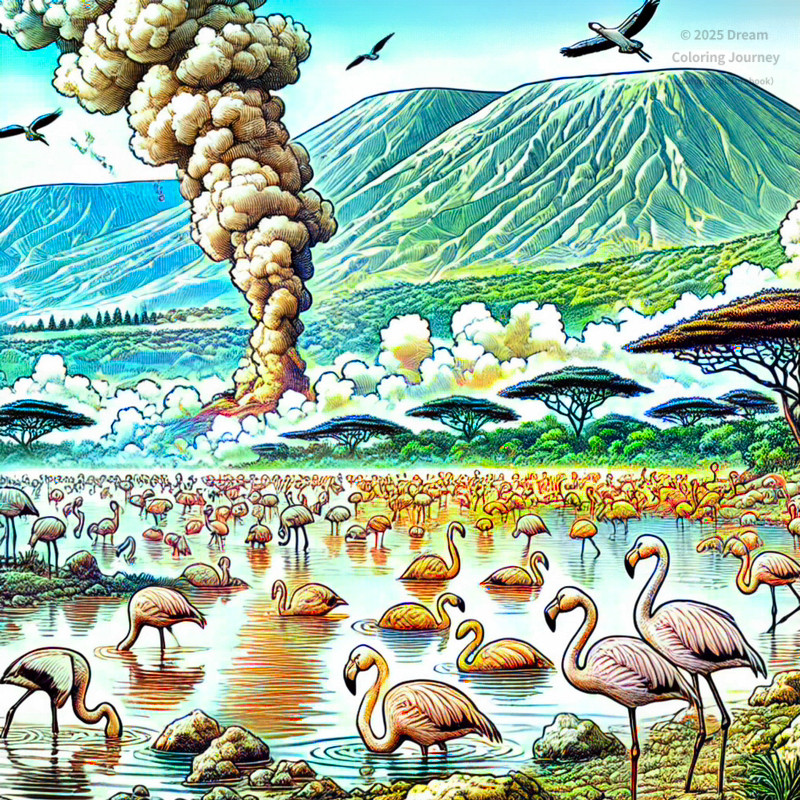18. ボゴリア湖の間欠泉とフラミンゴ