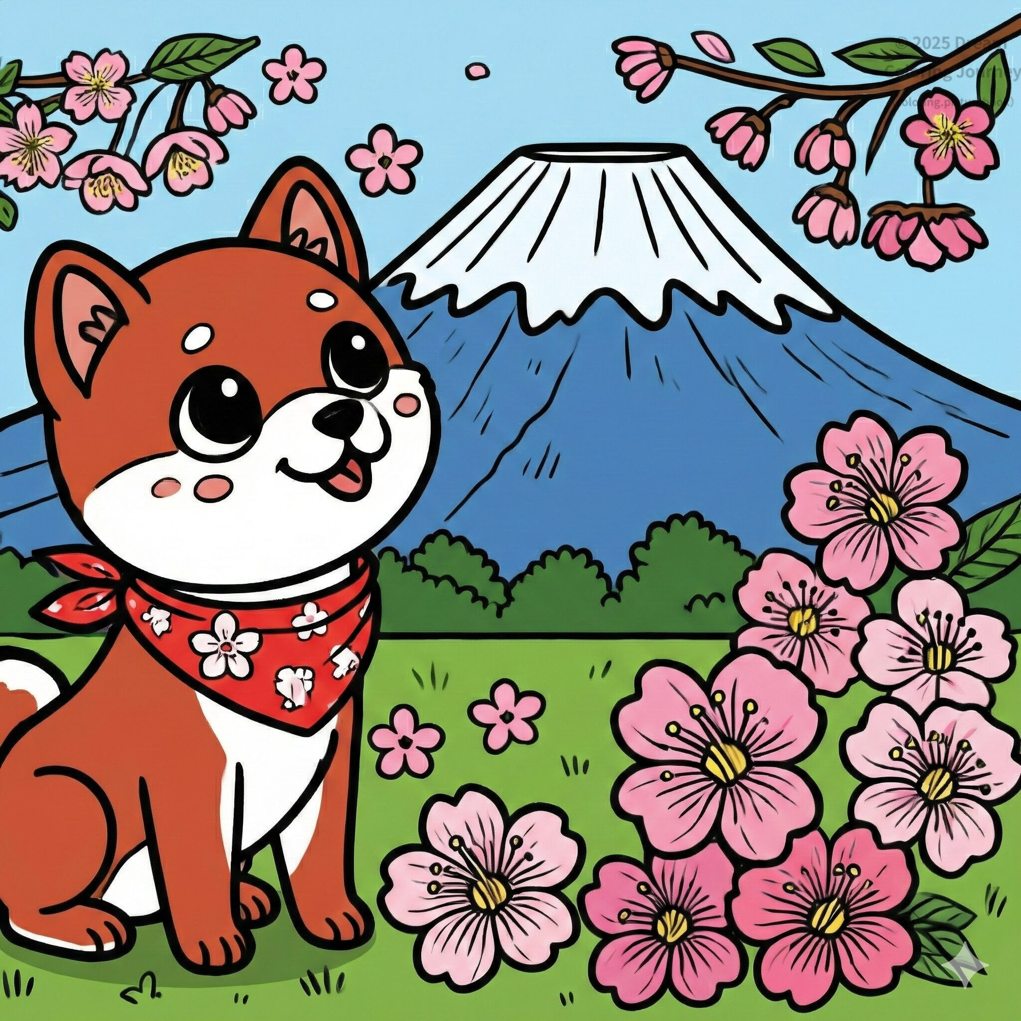 1. 日本：富士山と桜を見上げる柴犬