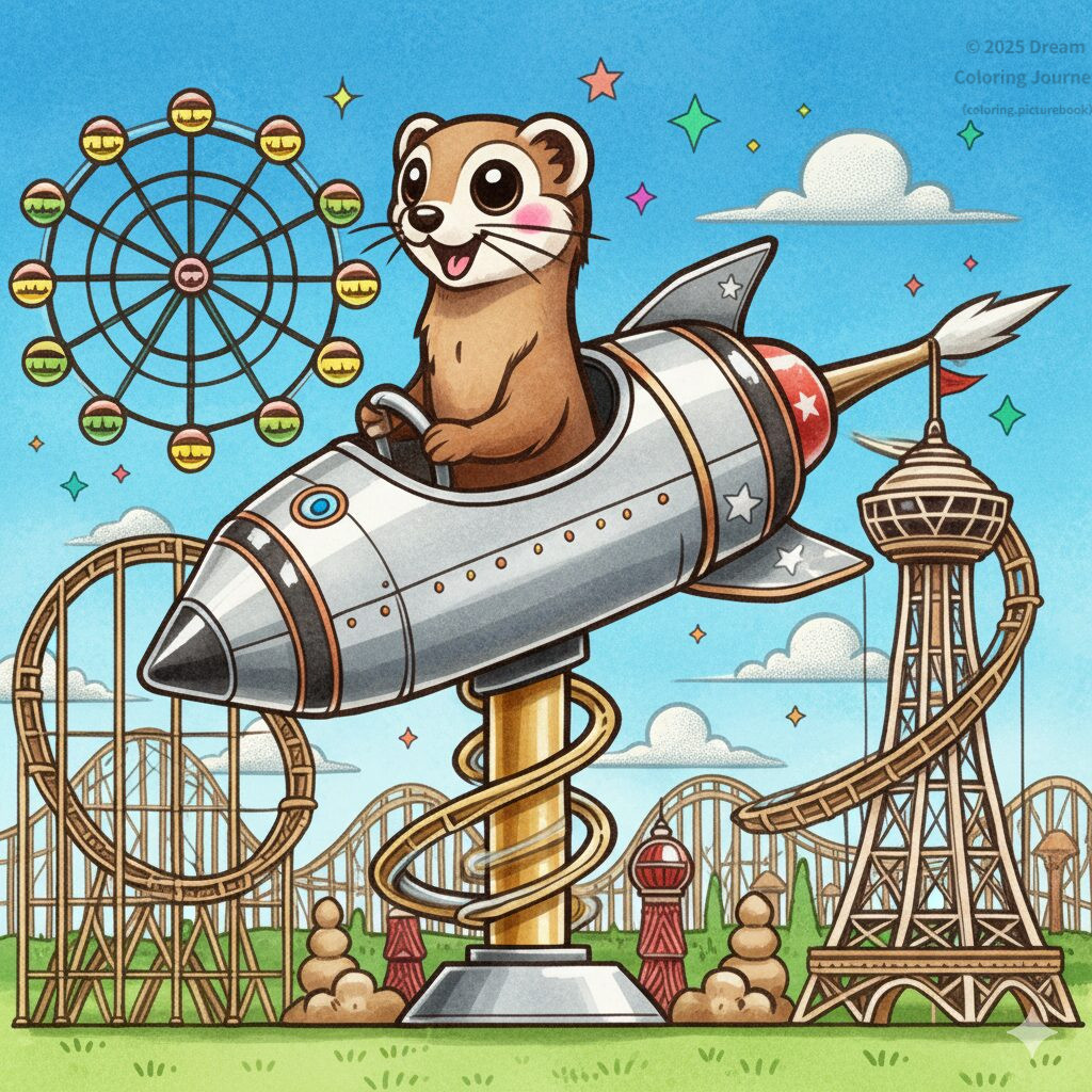 21. ロケットライド（回転タワー型）に乗るイタチ