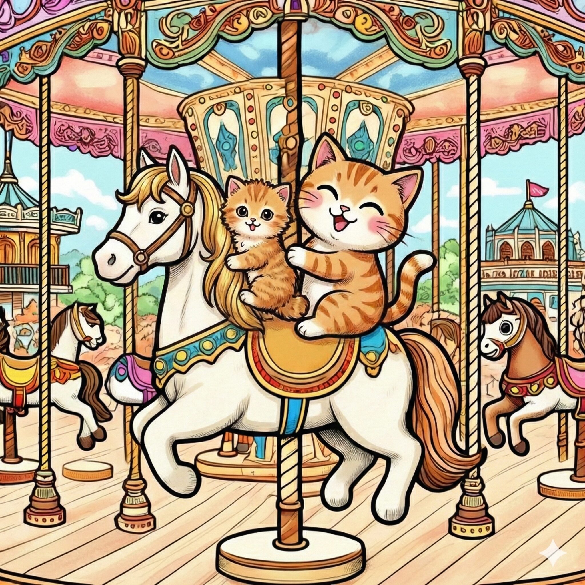 4.  メリーゴーランドに乗る猫の親子