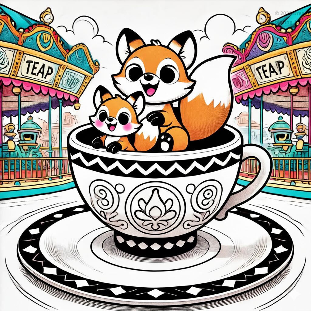 5. コーヒーカップに乗るキツネの親子