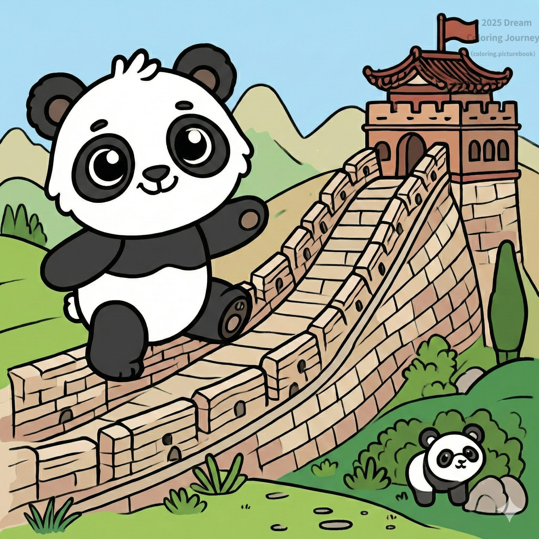 6. 中国：万里の長城で遊ぶパンダ