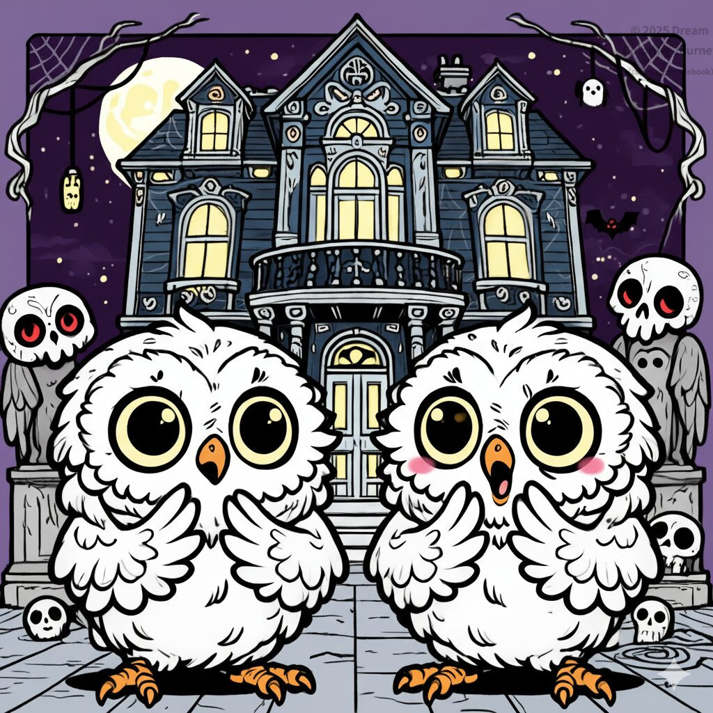 8. お化け屋敷に入るフクロウの兄弟