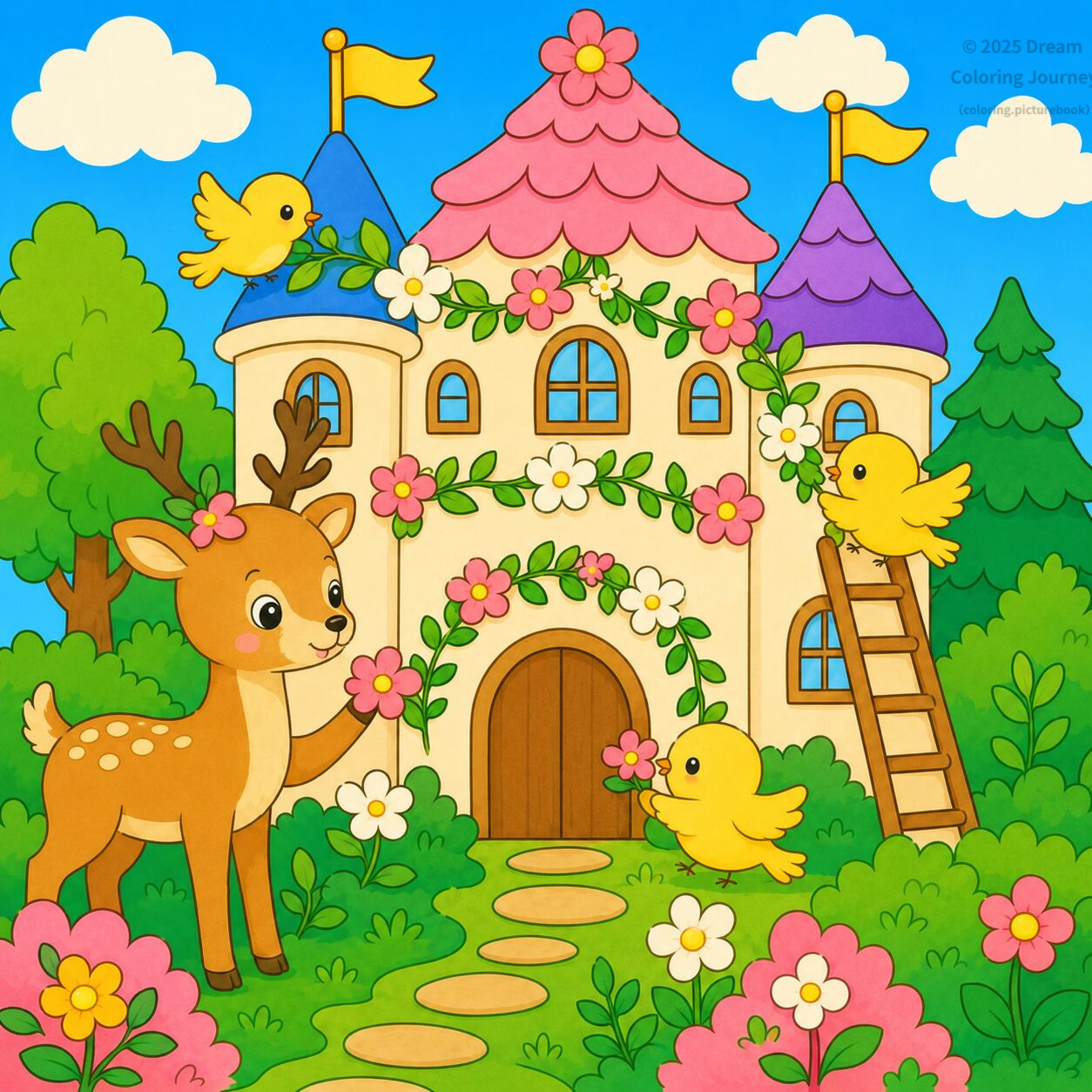 22. 森のお城を飾る鹿と小鳥たち