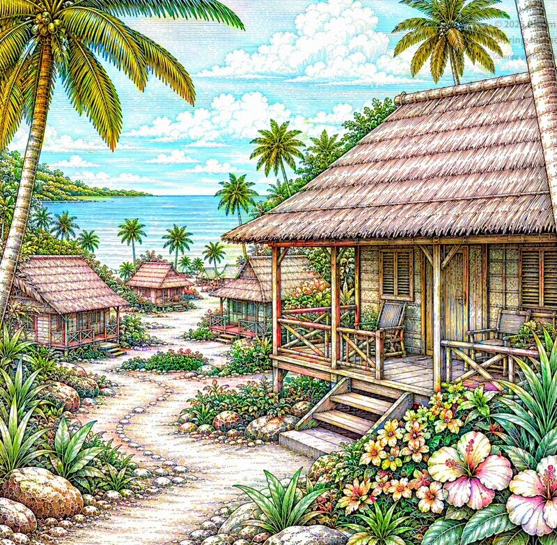 22. 海辺のバンガロー風景